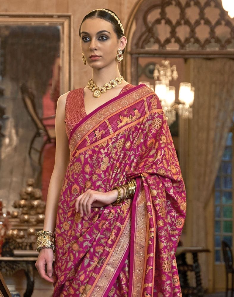 Collection of Glorious Pink Floral Pattern Patola Mica Print Saree in a gallery layout