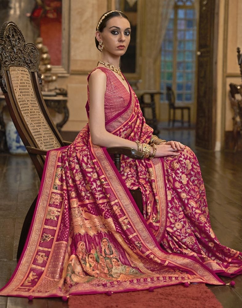 Collection of Glorious Pink Floral Pattern Patola Mica Print Saree in a gallery layout