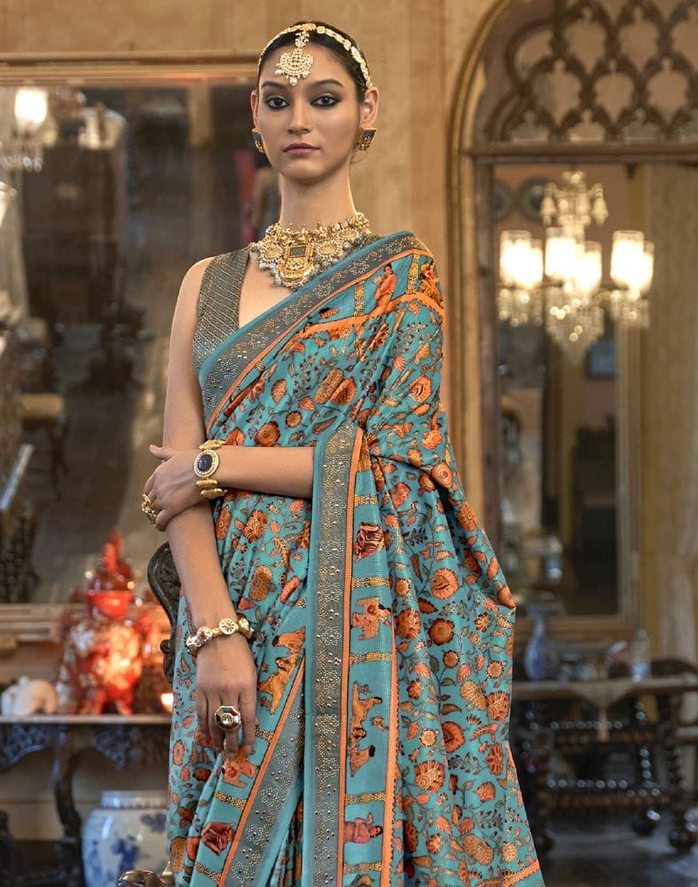 Sky Blue Floral Pattern Patola Mica Print Saree