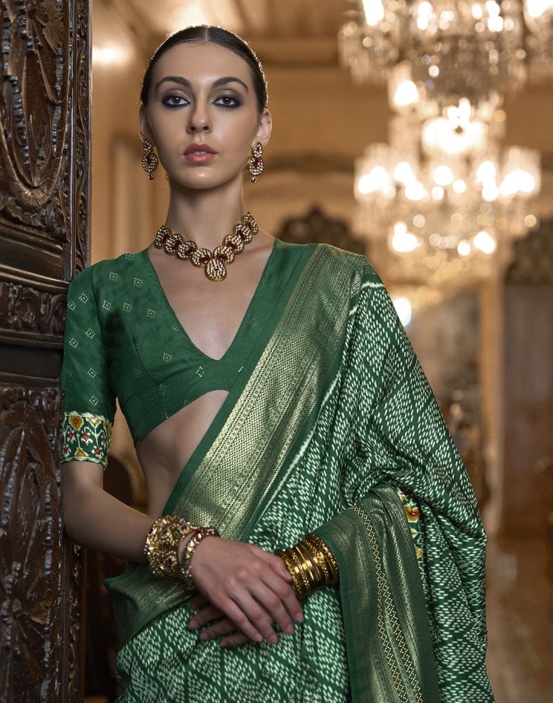 Collection of Bottle Green Geometric Print Param Patola Saree in a gallery layout