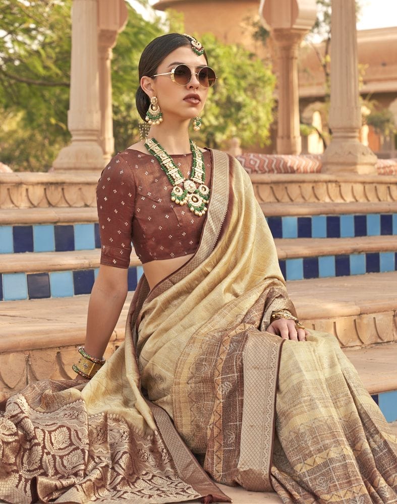 Beige Self Design Patola Silk Saree