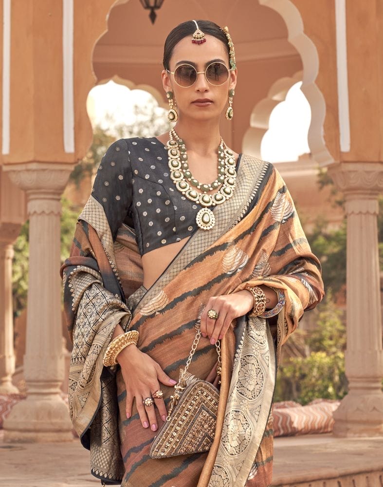 Brown Ethnic Motifs Printed Patola Silk Saree