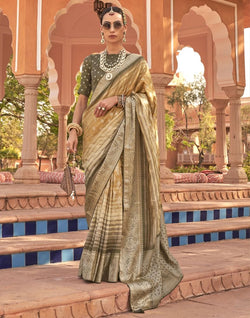 Collection of Mustard Yellow Geometric Soft Patola Silk Saree in a gallery layout