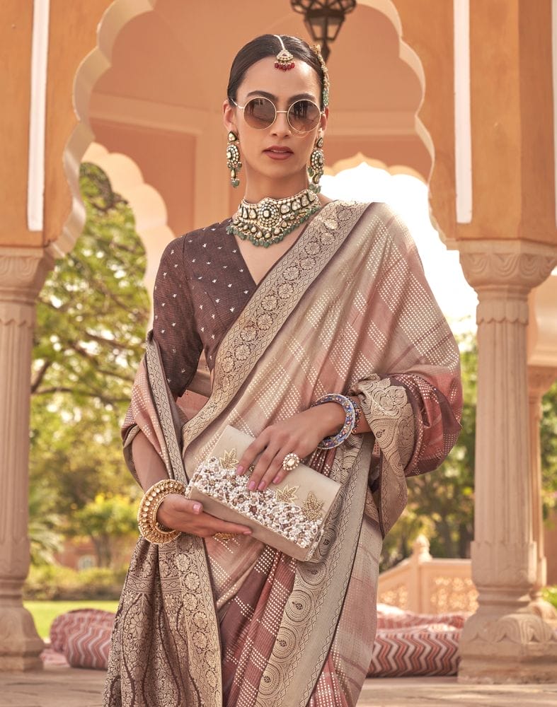 Collection of Peach Striped Print Soft Patola Silk Saree in a gallery layout