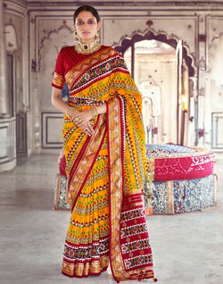 Collection of Mustard Geometric Print Patola Saree in a gallery layout