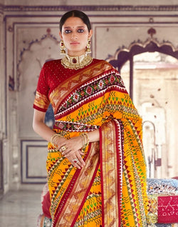 Collection of Mustard Geometric Print Patola Saree in a gallery layout