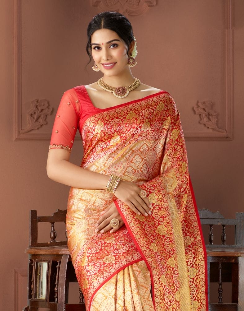 Collection of Elegant Gold Coloured Double shaded Pure Silk Saree in a gallery layout