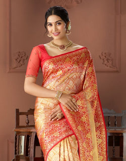 Collection of Elegant Gold Coloured Double shaded Pure Silk Saree in a gallery layout