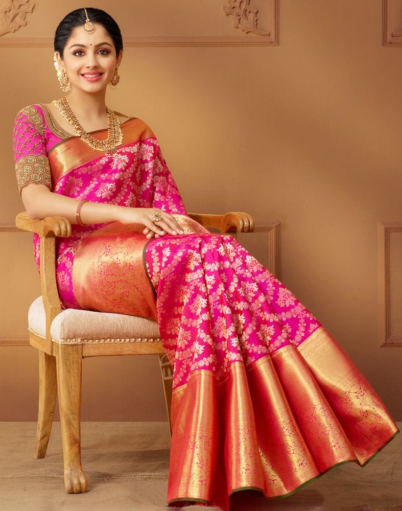 Designer elegant Magenta Floral Pure Silk Saree