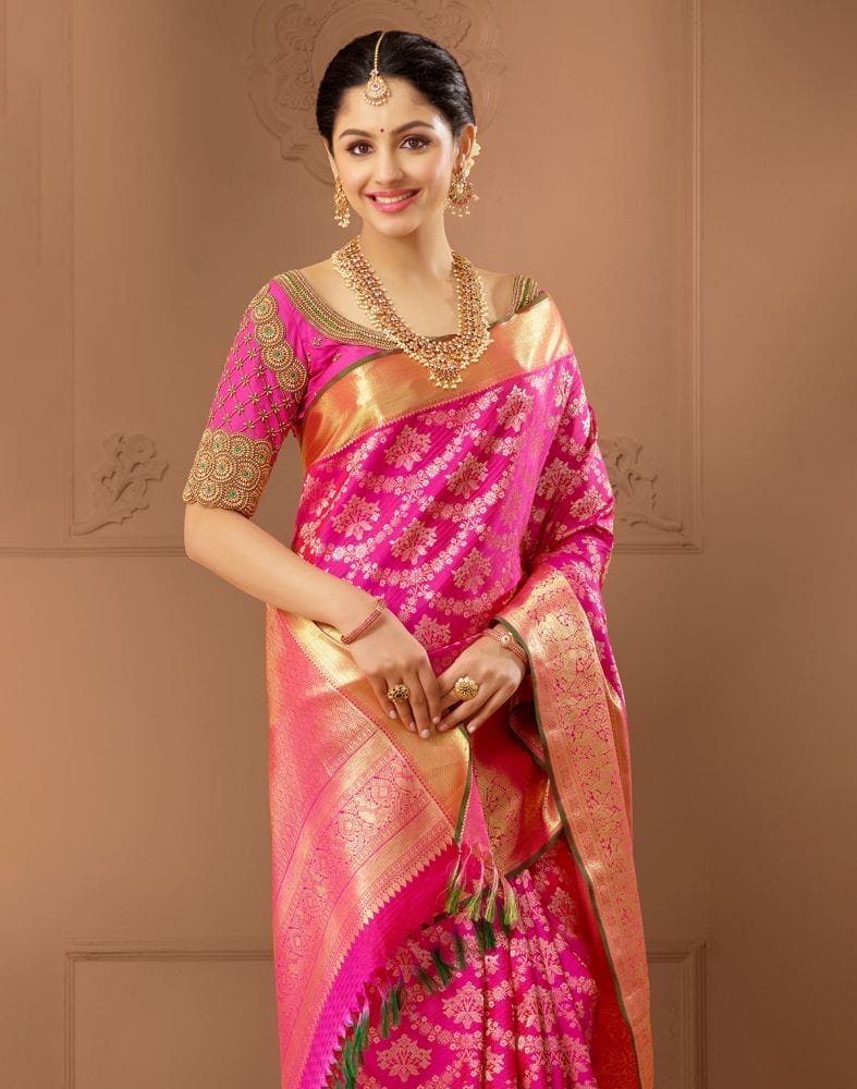 Designer elegant Magenta Floral Pure Silk Saree