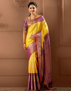 Collection of Exclusive Yellow Coloured Floral Design Pure Silk Saree in a gallery layout