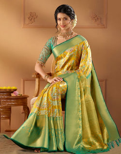 Collection of Mustard Floral design Kanchi Pure Silk Saree in a gallery layout