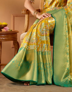 Collection of Mustard Floral design Kanchi Pure Silk Saree in a gallery layout