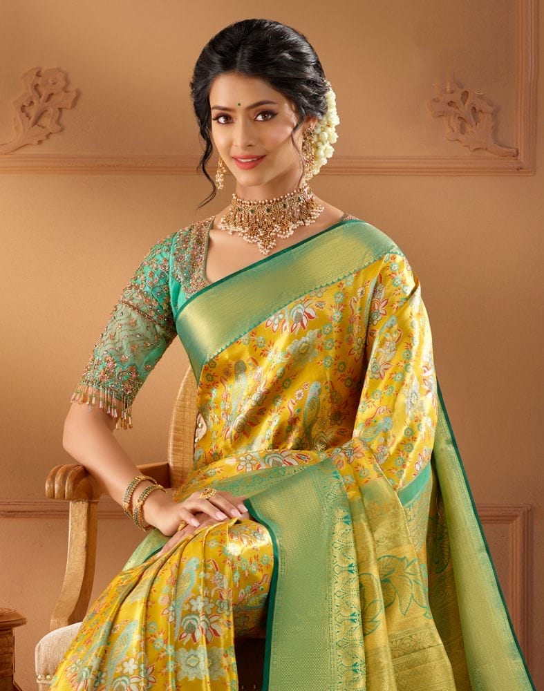 Collection of Mustard Floral design Kanchi Pure Silk Saree in a gallery layout