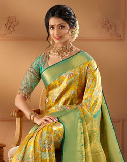 Collection of Mustard Floral design Kanchi Pure Silk Saree in a gallery layout