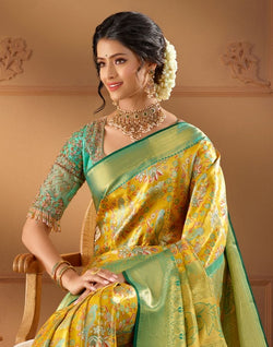 Collection of Mustard Floral design Kanchi Pure Silk Saree in a gallery layout