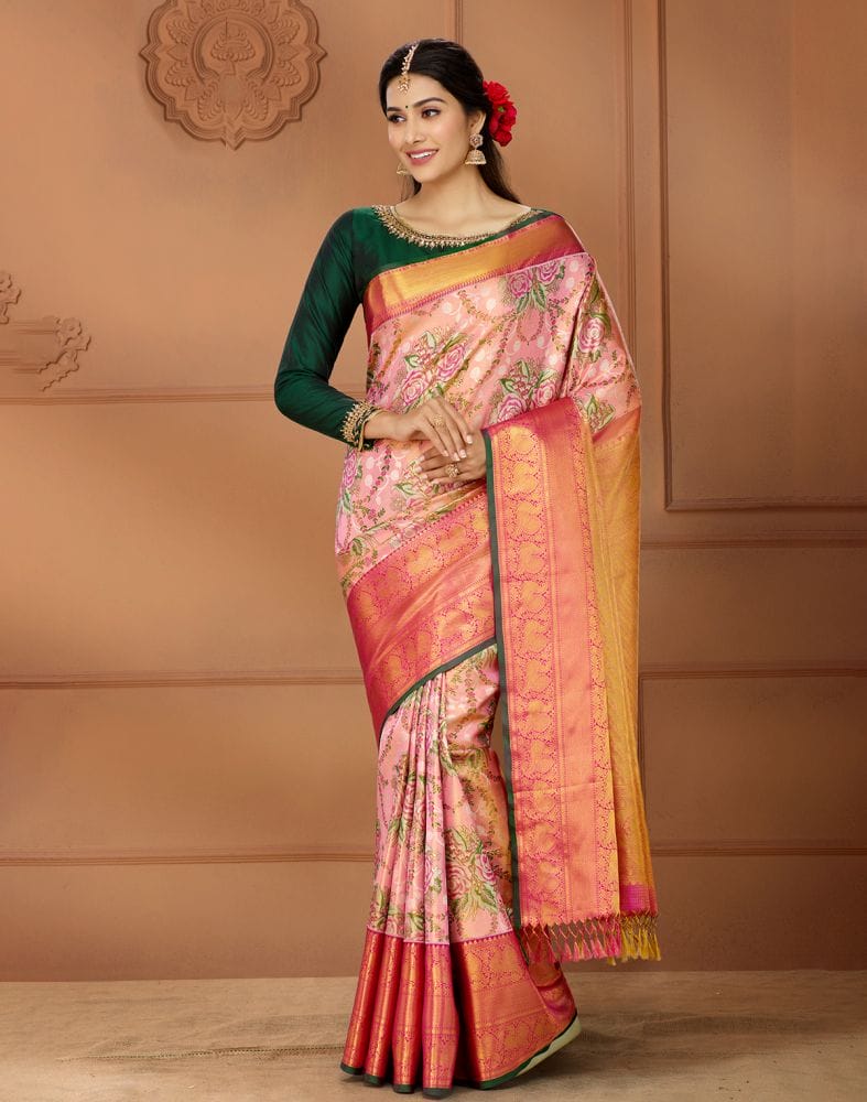 Pink and Green Double shaded Pure Silk Saree