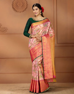 Collection of Pink and Green Double shaded Pure Silk Saree in a gallery layout