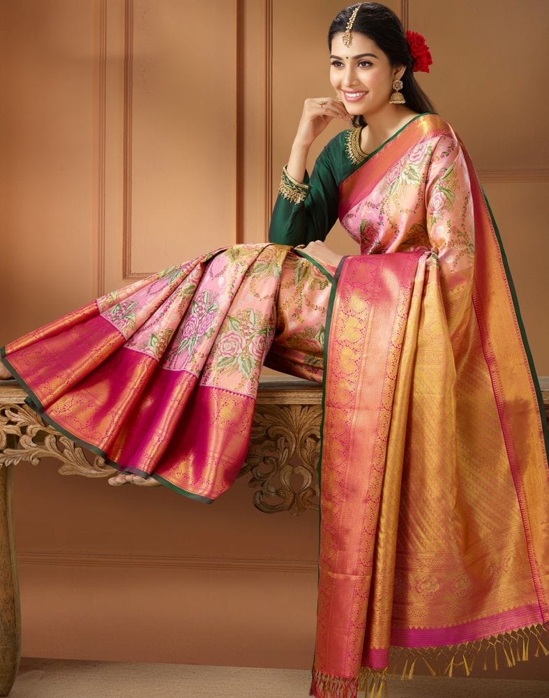 Collection of Pink and Green Double shaded Pure Silk Saree in a gallery layout