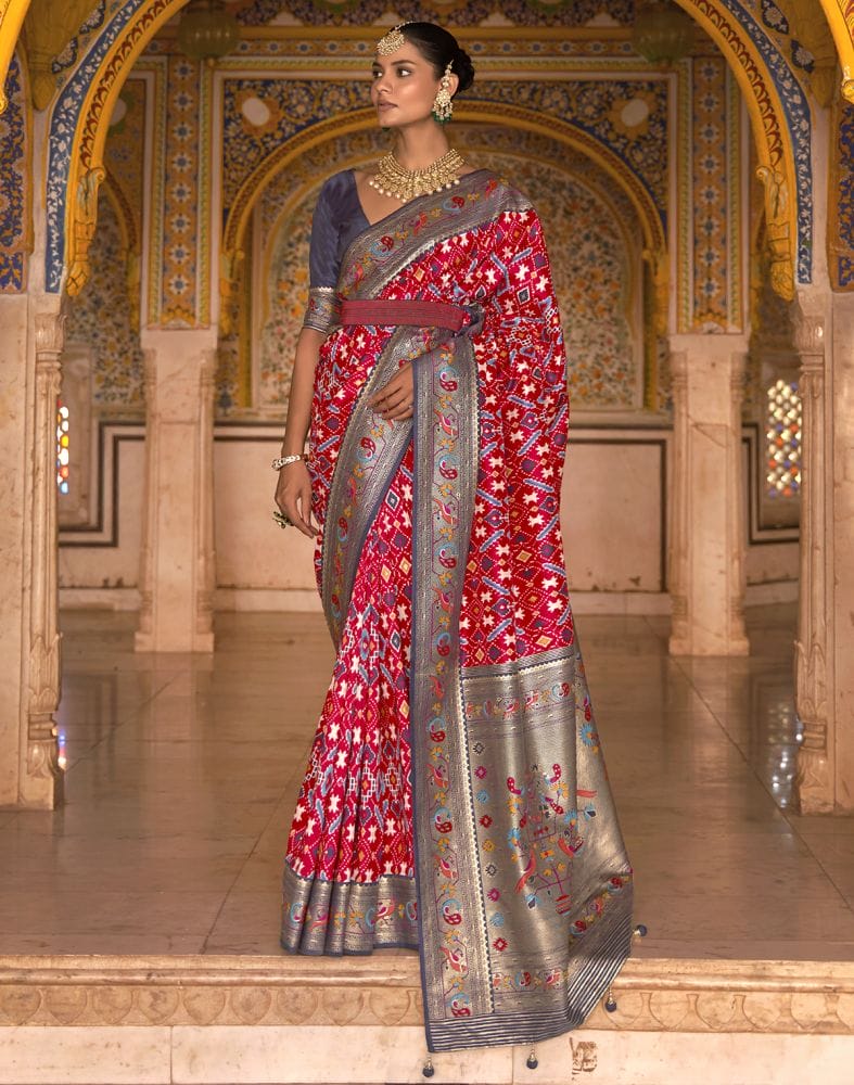 Collection of Emerald Red Ikat Patola Fancy Saree in a gallery layout