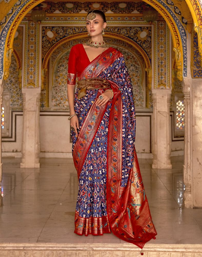 Navy Blue Ikat Patola Silk Contrast Saree