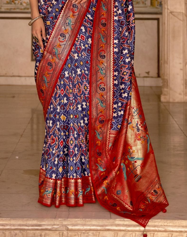 Navy Blue Ikat Patola Silk Contrast Saree