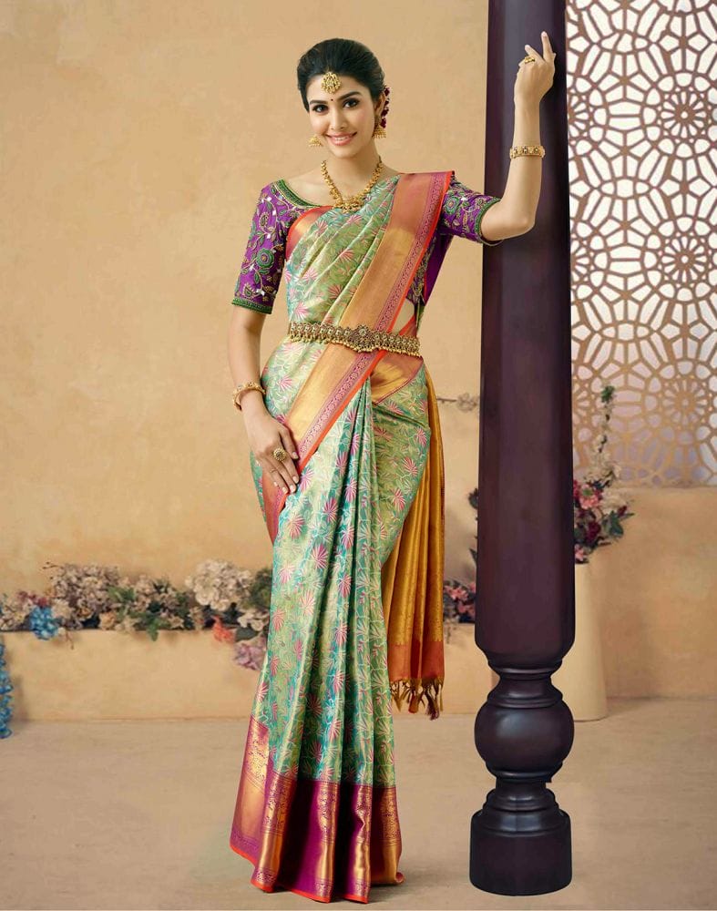 Collection of Elegant Unique Floral Design Pure Kanchi Tissue Saree in a gallery layout