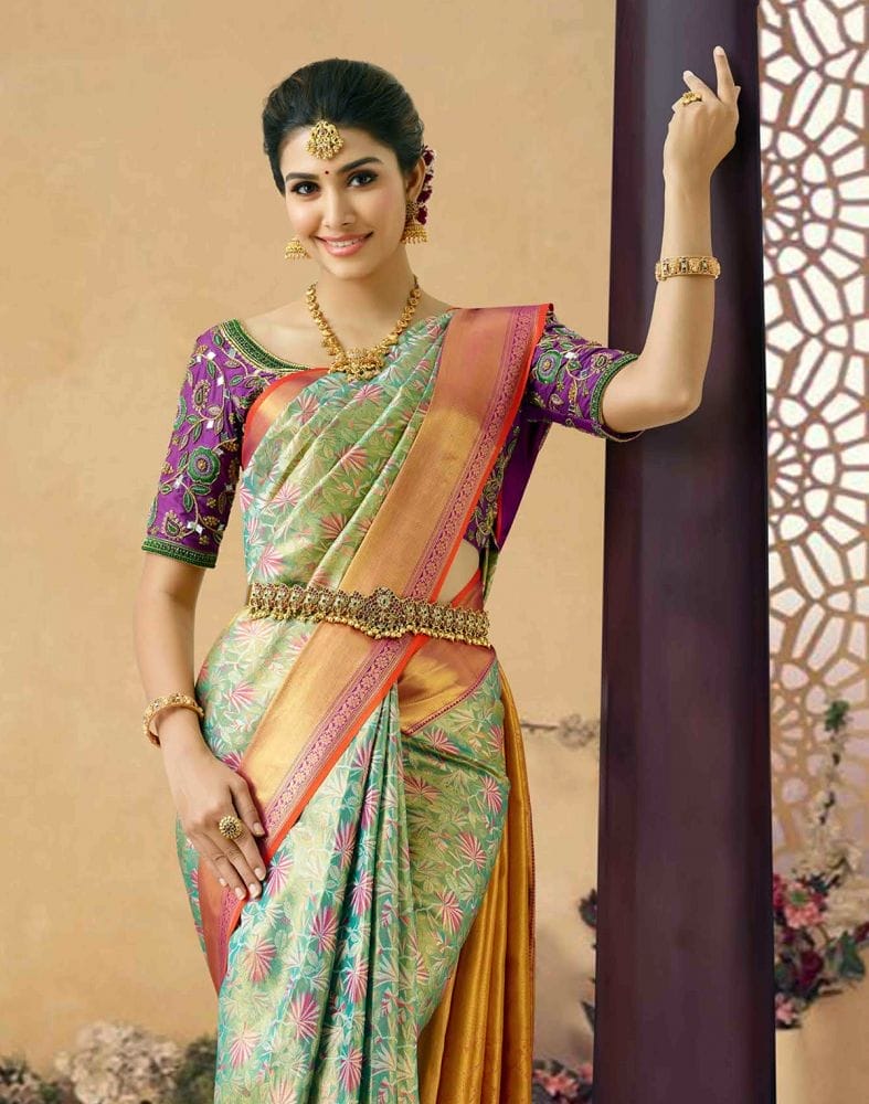 Collection of Elegant Unique Floral Design Pure Kanchi Tissue Saree in a gallery layout