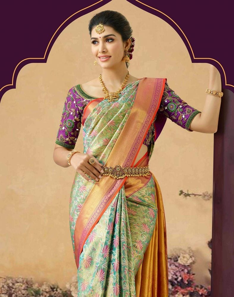 Collection of Elegant Unique Floral Design Pure Kanchi Tissue Saree in a gallery layout