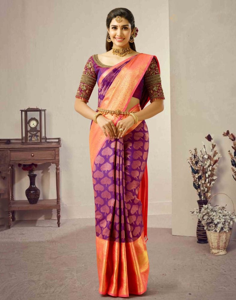 Collection of Divine Purple and Peach Pure Kanchi Pattu Saree in a gallery layout