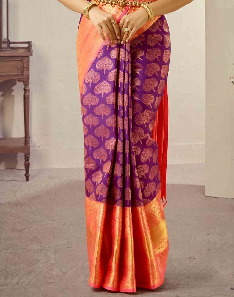 Collection of Divine Purple and Peach Pure Kanchi Pattu Saree in a gallery layout