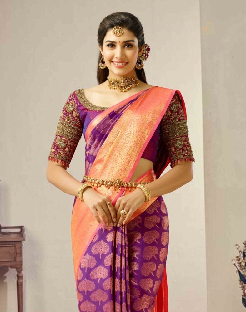 Divine Purple and Peach Pure Kanchi Pattu Saree