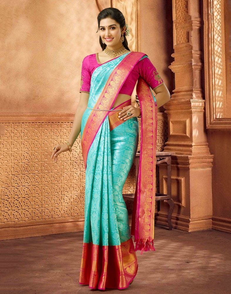 Collection of Grandeur Sea Blue and Pink Pure Kanchi Pattu Saree in a gallery layout