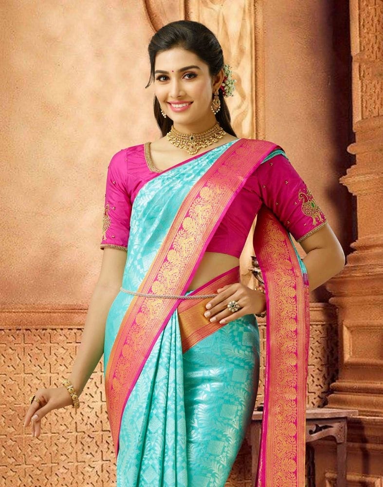 Collection of Grandeur Sea Blue and Pink Pure Kanchi Pattu Saree in a gallery layout