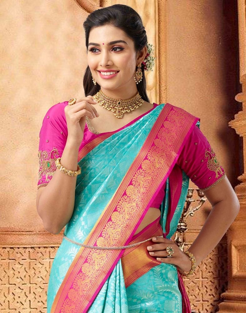 Grandeur Sea Blue and Pink Pure Kanchi Pattu Saree