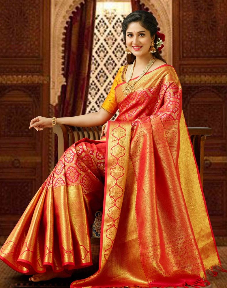 Collection of Elegant Red Pure Kanchi Pattu Saree in a gallery layout