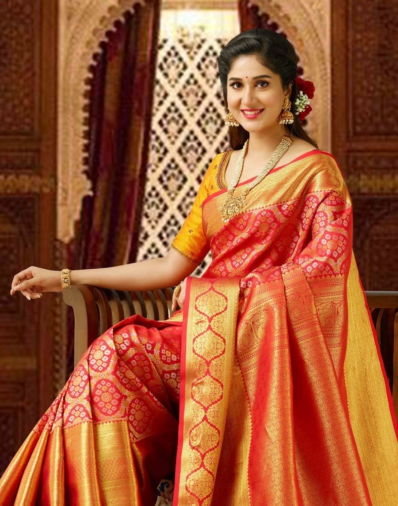 Collection of Elegant Red Pure Kanchi Pattu Saree in a gallery layout