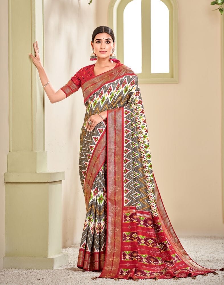 Light Grey Ikat Print Patola Fabric Saree