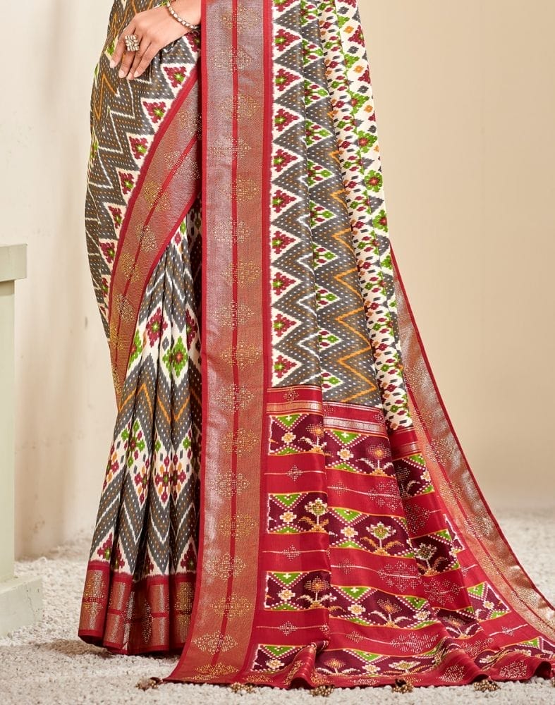 Light Grey Ikat Print Patola Fabric Saree