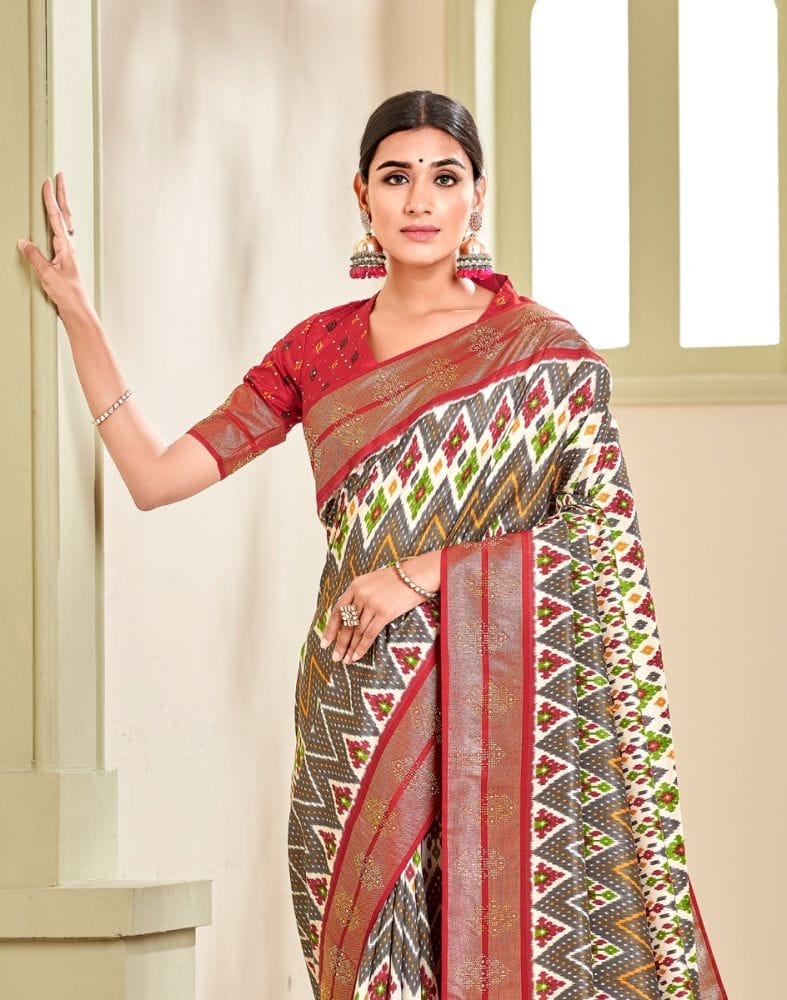 Light Grey Ikat Print Patola Fabric Saree