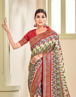 Collection of Light Grey Ikat Print Patola Fabric Saree in a gallery layout