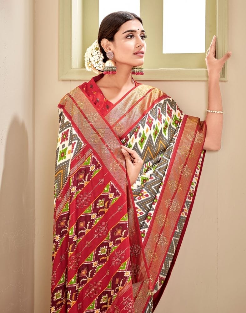 Light Grey Ikat Print Patola Fabric Saree