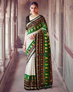 Collection of Off White Chevron Pattern Patola Fabric Saree in a gallery layout