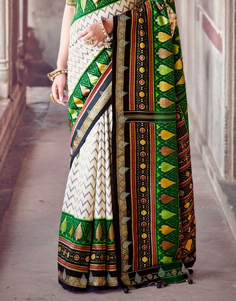 Off White Chevron Pattern Patola Fabric Saree