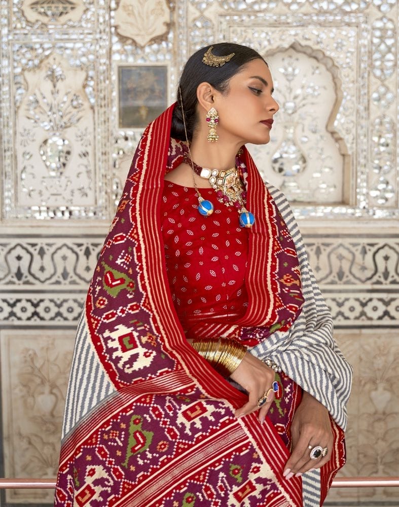 Collection of Grey and Red Weaving Patola Saree in a gallery layout