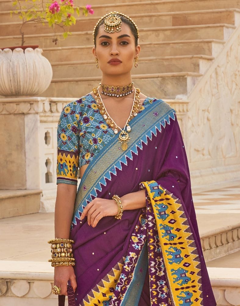 Ideal Purple Patola Mirror work Saree