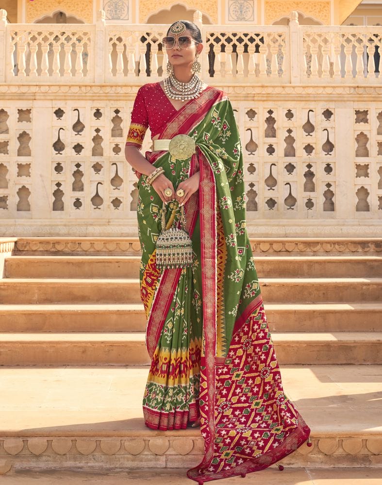 Stylish Mehendi Green Ikat Print Patola Saree