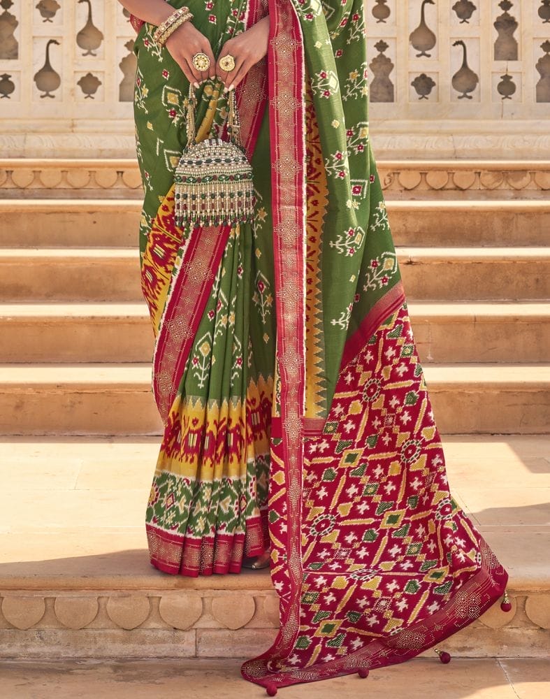 Stylish Mehendi Green Ikat Print Patola Saree