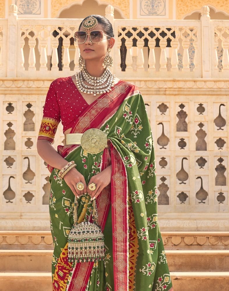 Stylish Mehendi Green Ikat Print Patola Saree