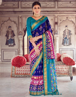 Collection of Royal Blue Ikat Print Patola Saree in a gallery layout